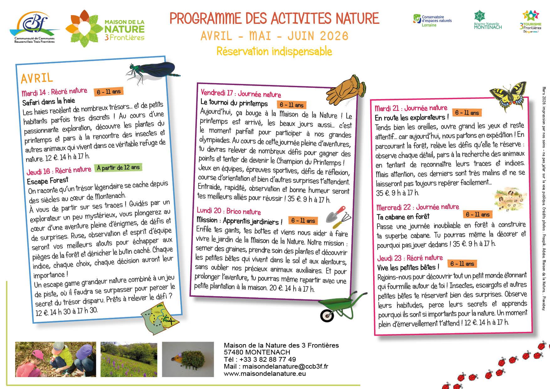 14 au 23 avril animations vacances scolaires montenach maison nature